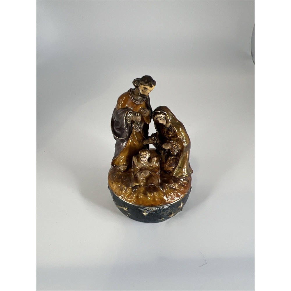 Vintage Nativity Trinket Box Cast Metal‎ Holy Family Hinged Made in China